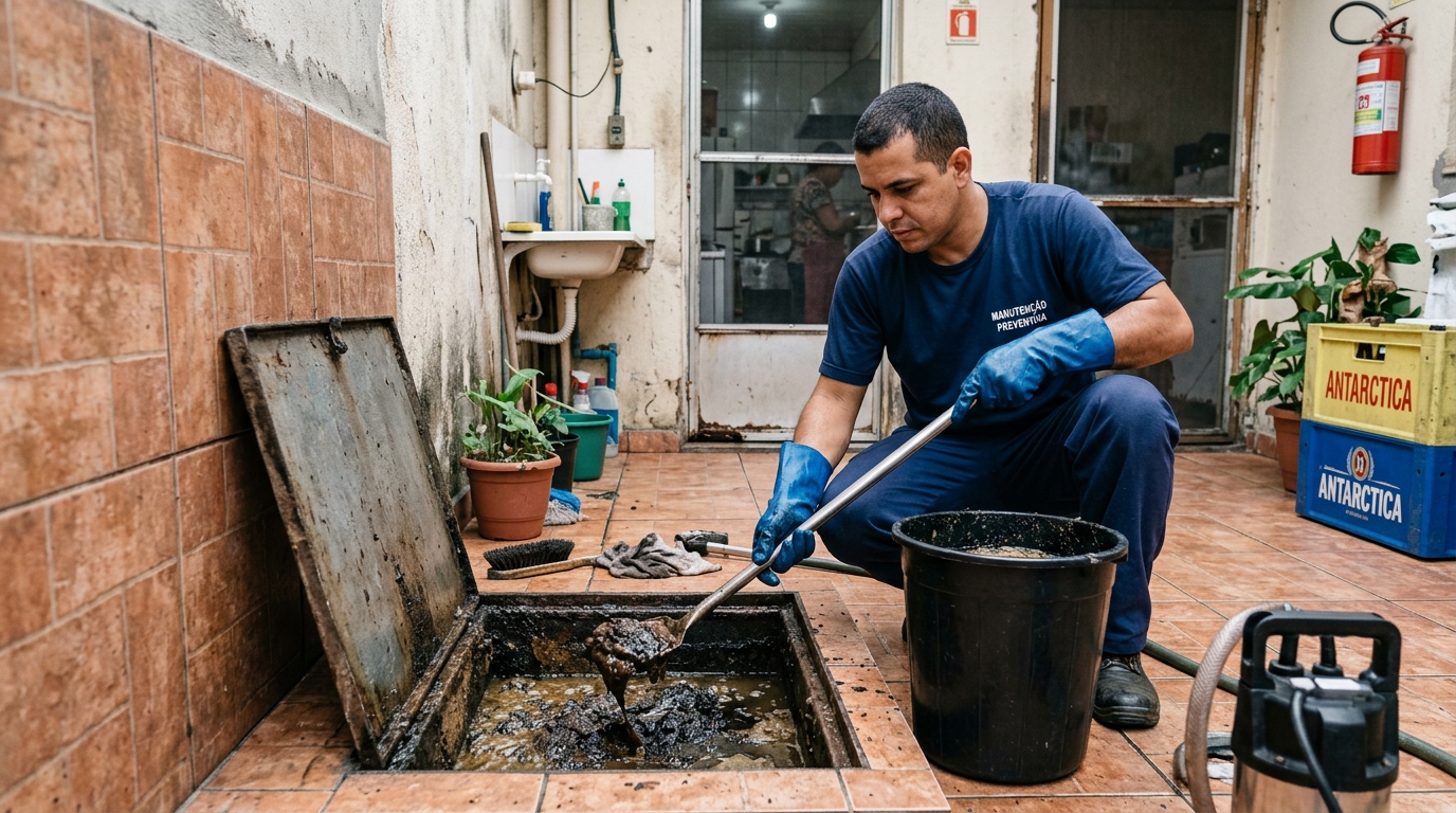 Equipe de limpeza de caixa de gordura em Uberlândia-MG